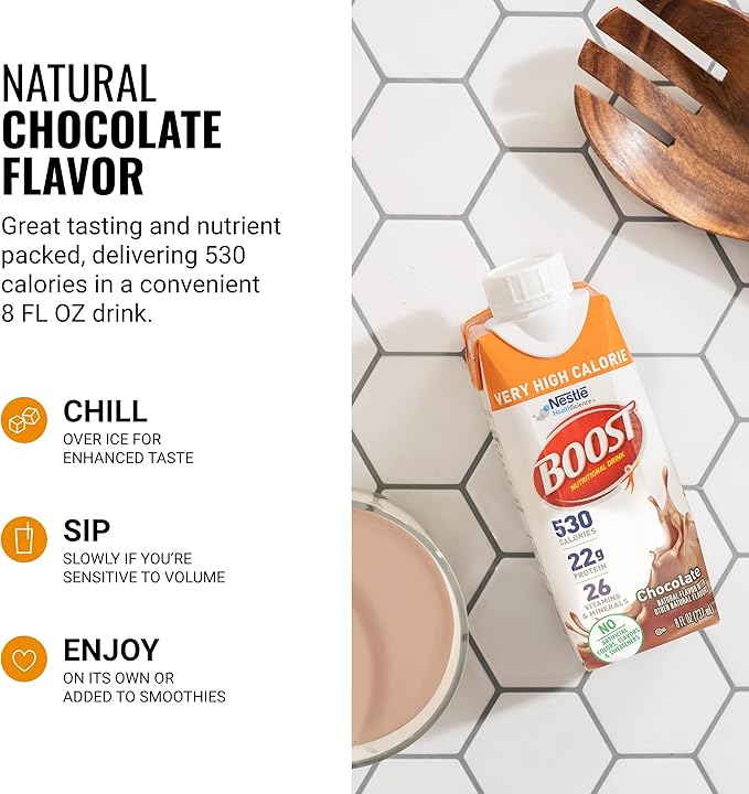 BOOST Very High Calorie Nutritional Drink ??Helps Weight Gain & Maintenance - 530 Calories - 26 Vitamins & Minerals - 22 g Protein - Calorie-Dense Nutritional Drink - Chocolate - 8 fl oz (Pack of 24)