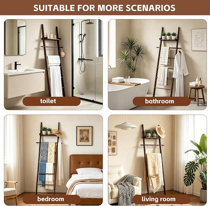 Farmhouse Wooden Blanket Ladder with Shelf,6-Tier Rustic Quilt Towel Rack Decorative Holder Wall Leaning Storage with Removable Hooks for Home Living Room Bedroom Decor Brown