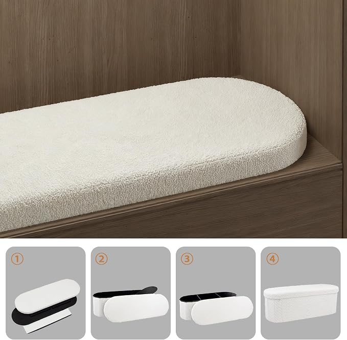 GLAXYFUR Oval Storage Ottoman Bench, Sherpa Foot Rest, 43 Inch Folding Chest for Living Room, Bedroom (Beige)