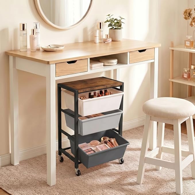 Rolling Cart with 3 Drawers, Plastic Drawer Storage Carts with Lockable Wheels & Wooden Tabletop, Metal Art Craft Utility Cart Organizer for Home Office Bedroom Dorm Bedside Classroom, Dark Gray
