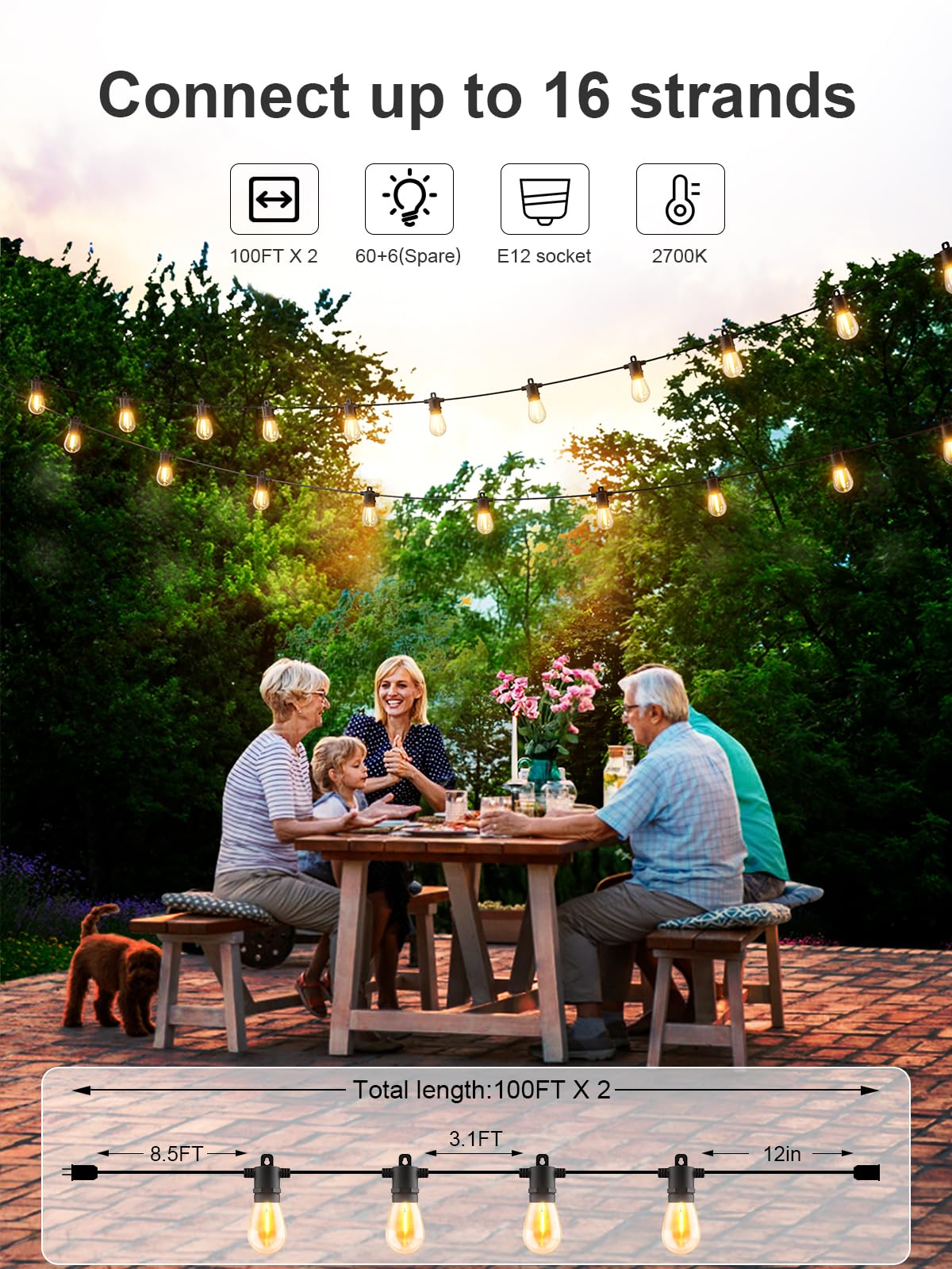 Svater Outdoor String Lights 200 FT, Patio Lights for Outside with Shatterproof LED Bulbs, Waterproof IP65 Commercial Hanging Light for Backyard Porch Balcony Bistro Party (2X100FT)