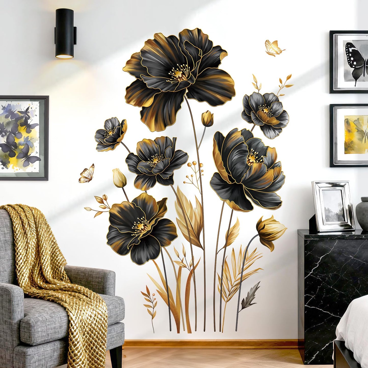 decalmile Large Black Gold Flower Wall Stickers Floral Gold Leaves Plants Butterfly Wall Decals Bedroom Living Room Sofa TV Background Home Decor