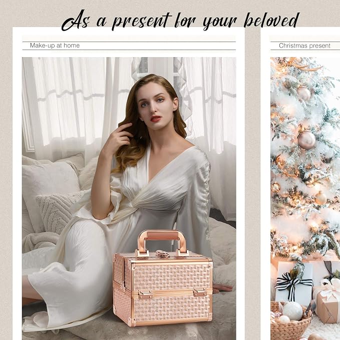 Joligrace Beauty Makeup Train Case for Lady Portable Cosmetic Box Jewelry Organizer Lockable with Keys and Mirror 2-Tier Trays Carrying with Handle Makeup Storage Box - Rose Gold