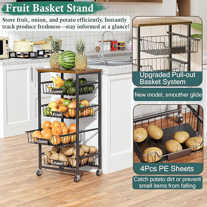 OKZEST Fruit Basket, 5-Tier Utility Kitchen Organizer and Storage Cart with Pull-Out Baskets and Wood Top, Rolling Pantry Kitchen Cart on Wheels for Fruit Potato Onion Vegetable Snack Produce