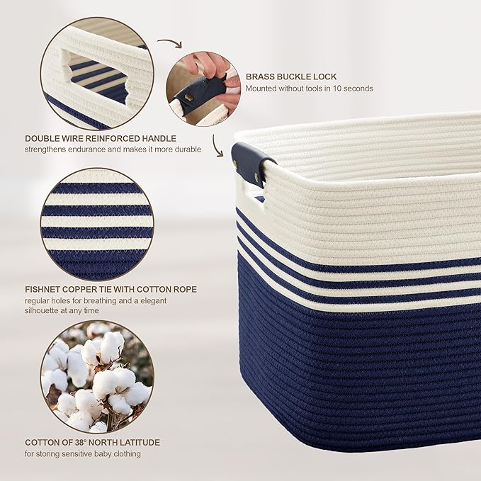 45L Laundry Basket with Leather Handles for Living Room Storage,Woven Rope Baskets for Blanket,Kids Toy,Gifts,Wicker Hamper for Bedroom Dirty Clothes,17.7"x13.8"x10.6"Navy