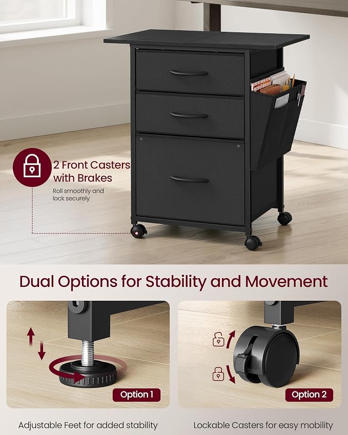 VASAGLE 3-Drawer File Cabinet, Mobile Printer Stand with Storage, Filing Cabinet for A4 Letter Size, Side Pockets, 23.6 x 15.7 x 26.8 Inch, Ink Black, Bellah Collection UOFC201BC01