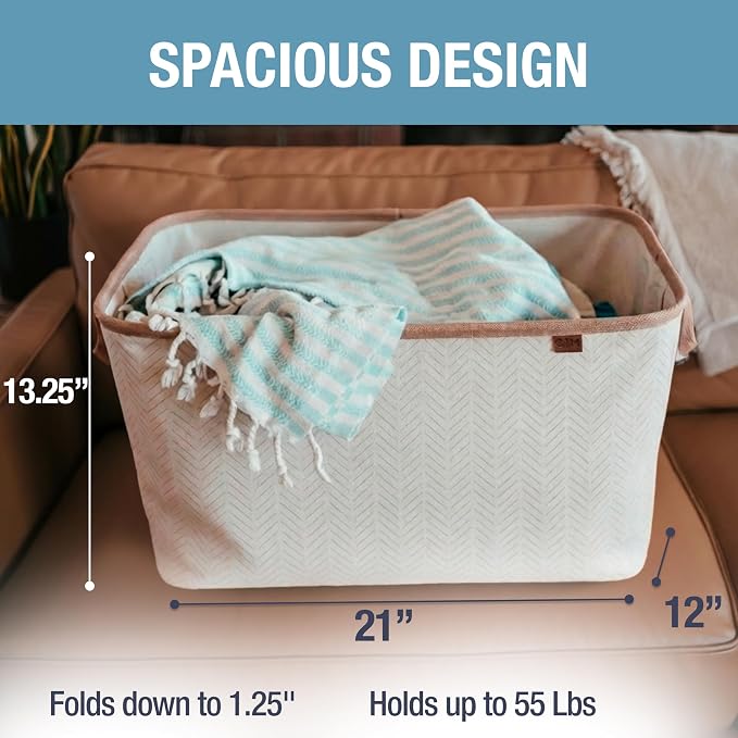 CleverMade Collapsible Laundry Basket LUXE 2 Pack – 60 L (16 Gal) Foldable Cotton Blend Clothes Hamper with Vegan Leather Accents, Reinforced Handles, Space Saving Laundry Bin Holds 55 lbs - Cream