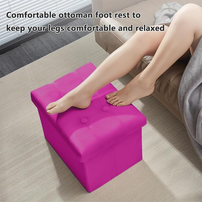 AmasSmile Storage Ottoman Foot Rest Stool, 17 inch Velvet Footstool Bench, Hot Pink Short Ottomans Stool, Small Folding Storage Ottoman Store Books, Record