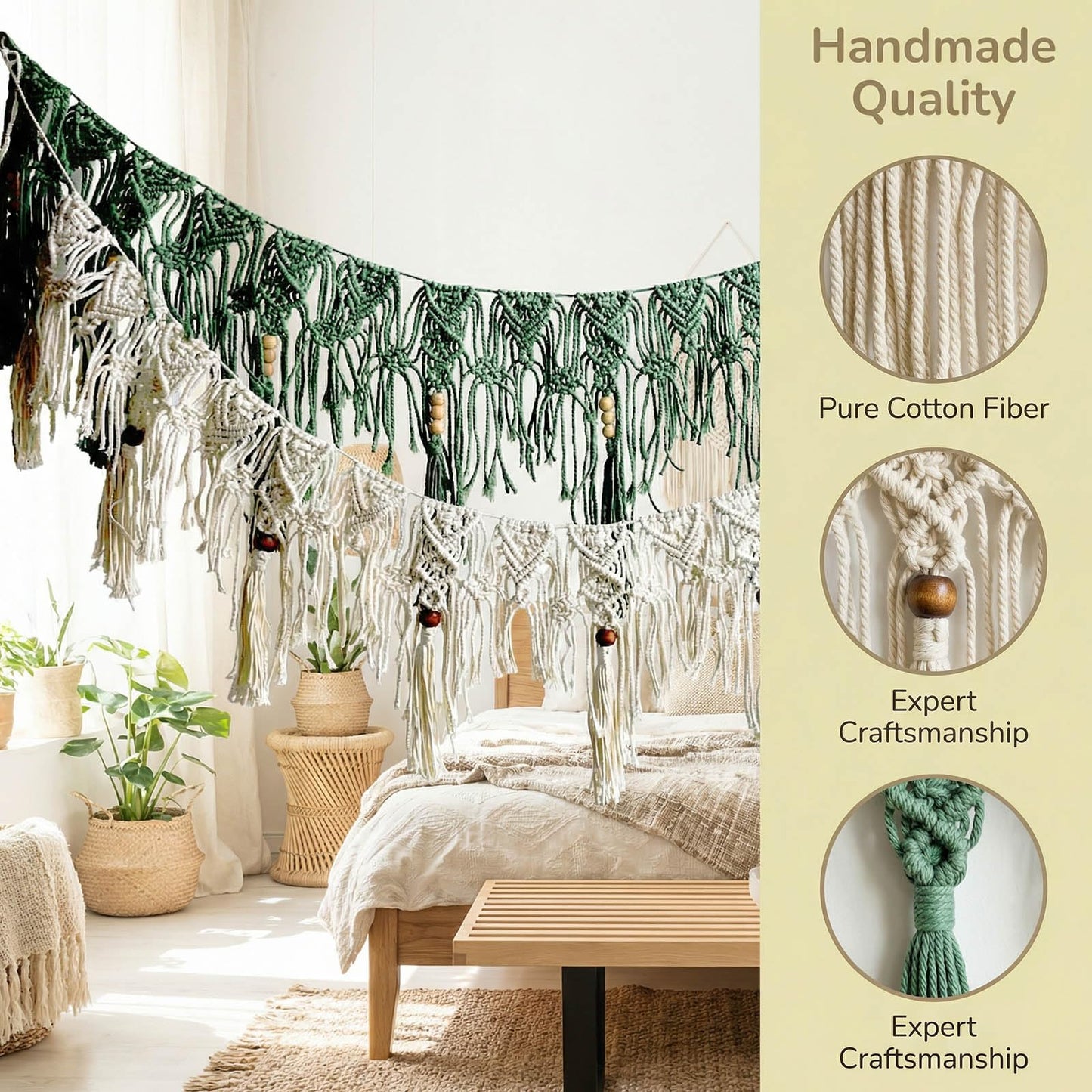 Macravine Macrame Wall Hanging Garland, Green and Cream, Bohemian Style with Wooden Beads, Handwoven Cotton Fringe Banner,44“X12.8” (Green)