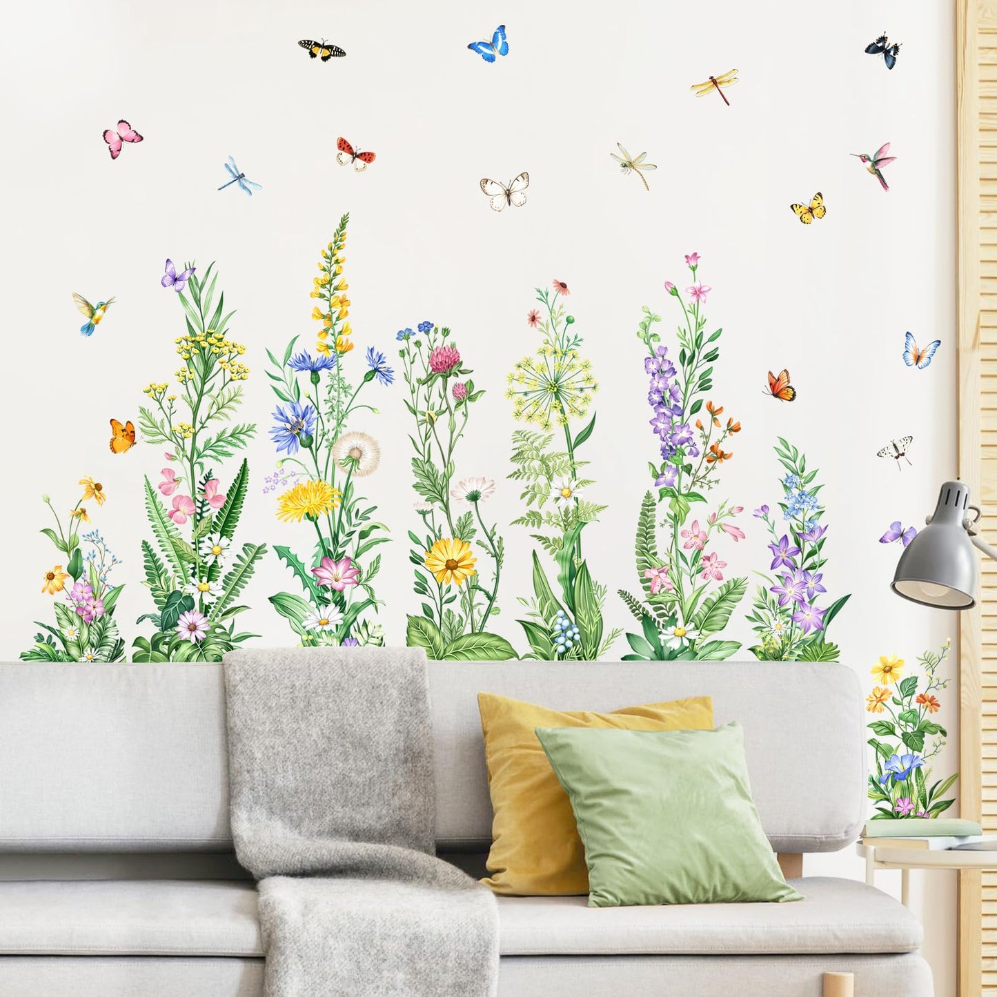 Tanlaby Wildflower Wall Decals Spring Summer Flower Floral Grass Wall Decals with Butterfly Green Plant Stickers Peel and Stick Wall Art Decor for Living Room Kitchen Bedroom