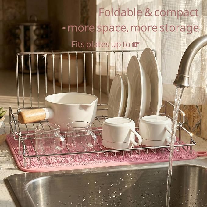 Collapsible Dish Drying Rack, 304 Stainless Steel Foldable Dish Rack with Drying Mat, 15.8" x 12.7" Space Saving Countertop Organizer for Small Kitchen, Dorm and Apartment, Silver