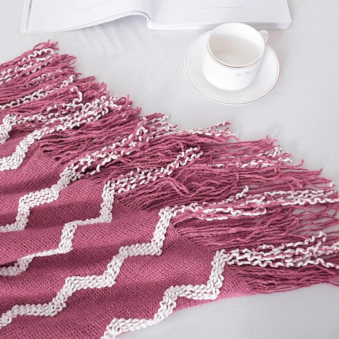 BOURINA Fluffy Chenille Knitted Fringe Throw Blanket Lightweight Soft Cozy for Bed Sofa Chair Throw Blankets Rose Wine 50" x 60"