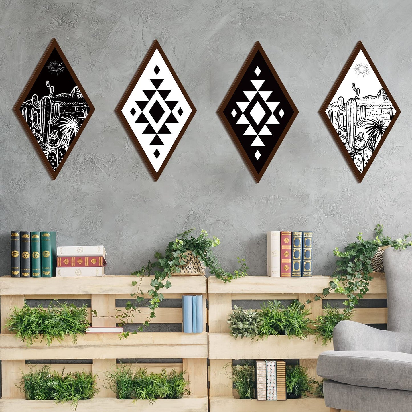 Ferraycle 4 Pcs Boho Cactus Wall Decor Aztec Wall Art Cactus Desert Western Farmhouse Home Decor Wooden Geometric Diamond Hanging Frame VBS(6.7 x 11.8 Inch)