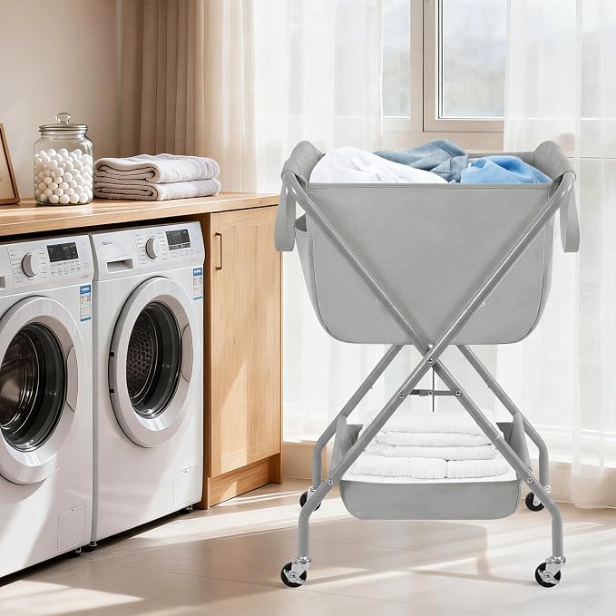 STORAGE MANIAC Collapsible Laundry Cart with Wheels 35.6"H Removable Canvas Bag Rolling Laundry Hamper Clothes Basket with Wheels, Sturdy Steel Frame Folding for Small Narrow Space Easy Storage, Grey