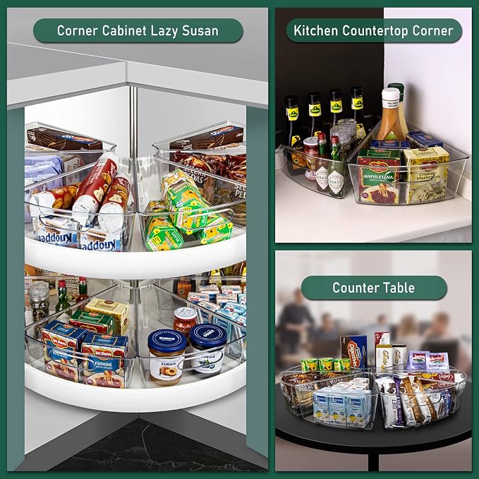 JEISSLIA Lazy Susan Cabinet Organizer Bins for 26"/ 28"/ 32" Diameter Corner Organizer, Plastic Cabinet Storage Bin, 1/8 Wedge - Food Safe, BPA Free, with Non-Slip Pads (for 26" Diameter, 8 Pack)