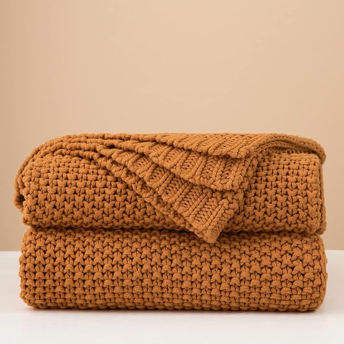 Chunky Cable Knit Throw Blanket Lightweight Burnt Orange 100% Organic Cotton Blanket for Sofa Couch Bed Baby Nursery, Rustic Shabby Chic Modern Farmhouse, 60” x 80” Give Laundering Bag