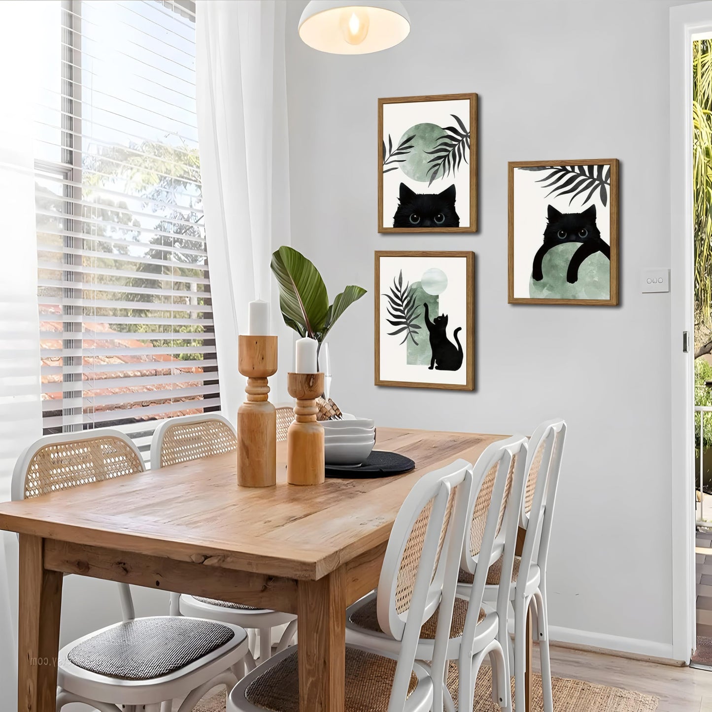 Framed Sage Green Cat Wall Art Set of 3, Natural OAK Wood Frame Boho Cute Black Cat Wall Decor Paintings, Minimalist Animal Aesthetic Canvas Posters Prints for Living Room Bedroom Bathroom 12x16In