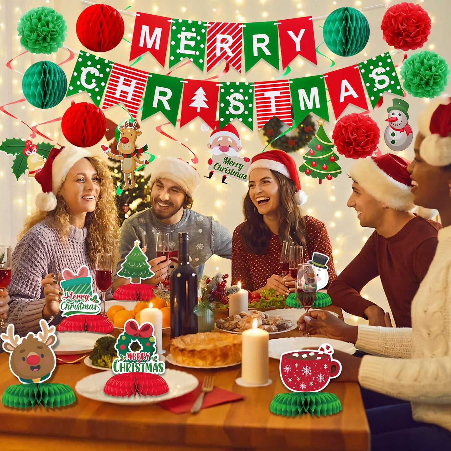 KUANINUNAR Merry Christmas Party Decoration Banner Set Paper Fan Flower Xmas Bunting ,Swirls Streamers Christmas Tree Xmas Stocking Santa Table Decorations