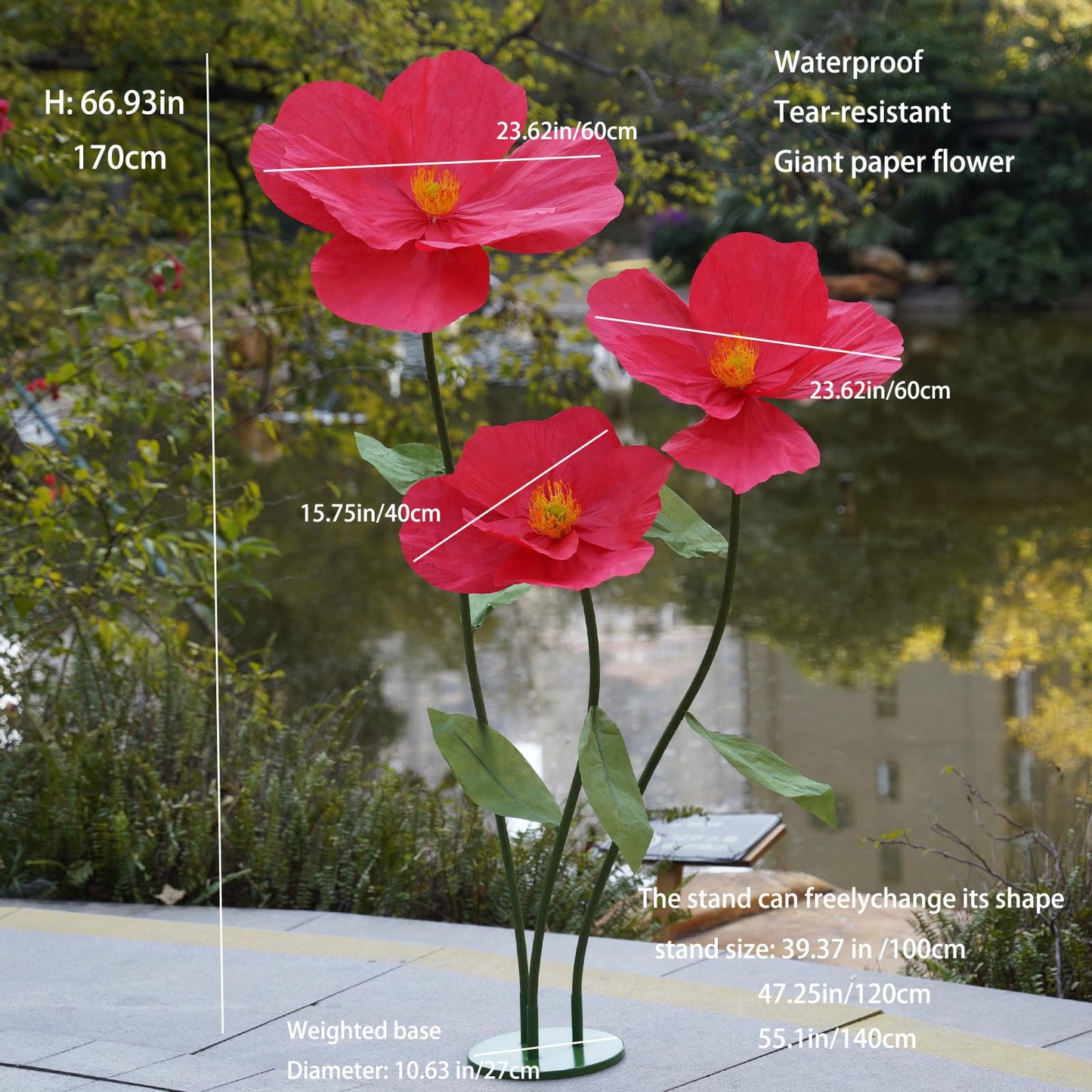 ZEYEXE Large Paper Artificial Flowers,Giant Flowers for Decoration,Huge Handcrafted Poppy Fake Flowers with Stand for Home Decor Bridal Shower Party Outdoors Yard Event Backdrop Decor (red)
