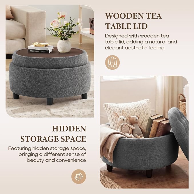 COLAMY Fabric Round Storage Ottoman with Reversible Tray Lid – Multi-Functional Footrest, Hidden Storage, Sturdy & Stylish Small Coffee Table for Living Room, Bedroom, or Entryway(Dark Grey)