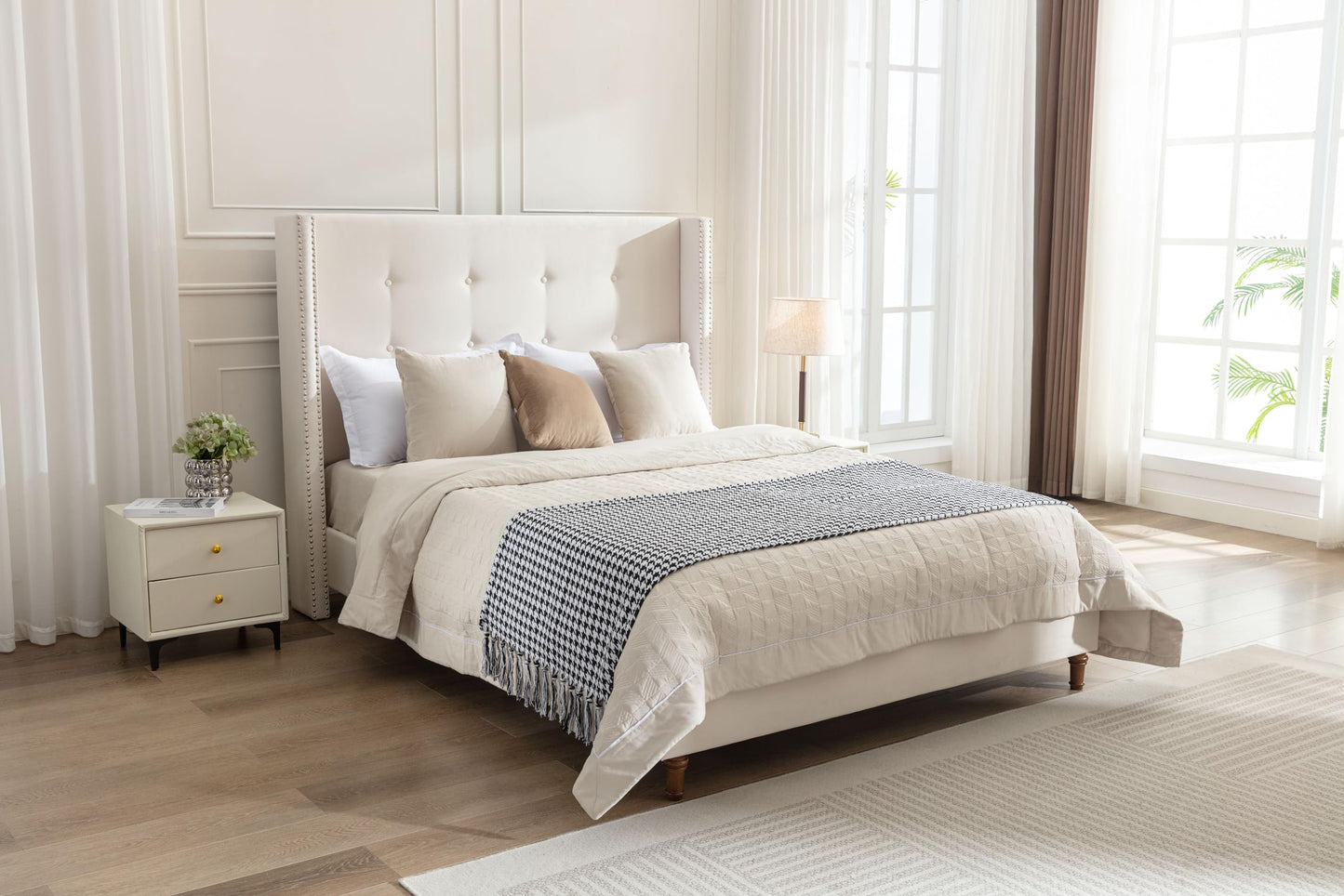 GDFStudio Tall Headboard Upholstered Bed,Queen Size Platform Bed Frame with Headboard Nailhead Trim Wingback,54" High No Box Spring Needed Easy Assembly Traditional Hand Buttoned Tufting Ivory Velvet