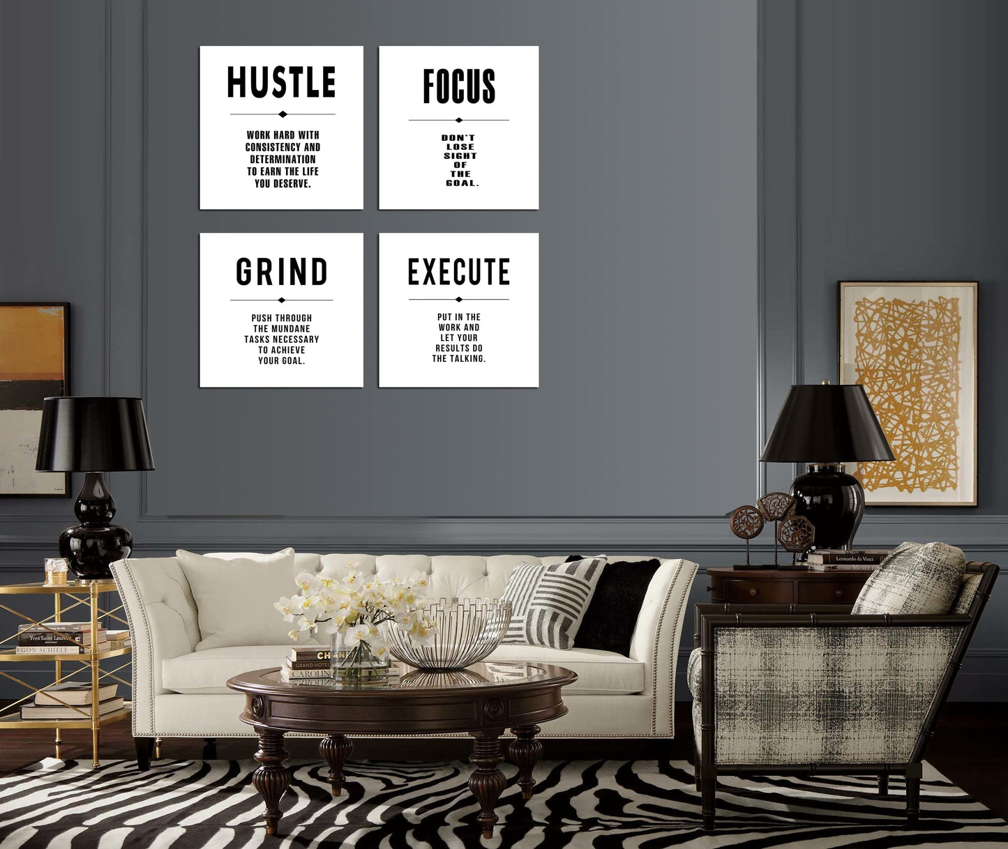Hustle Execute Grind Focus White Motivational Canvas Wall Art,Abstract Inspirational Office Quotes Paintings Framed Wall Art for Living Room Bedroom Dinning Room Home Decor-12 x12 x4pcs