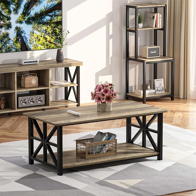 GreenForest Coffee Table for Living Room with Round Corners Farmhouse Style Center Table with Storage Shelf 39 Inch Space Saving Easy Assembly Gray Wash | for Living Room