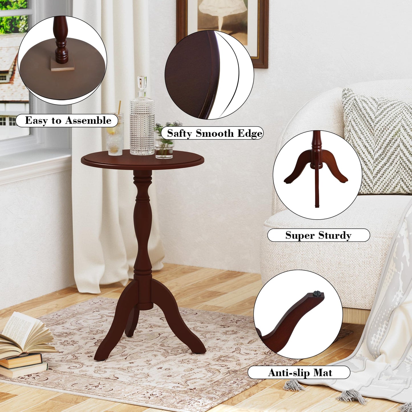 HLR Round Small End Table, Wooden Pedestal Side Coffee Tables, Vintage Accent Nightstand for Living Room, Bedroom, Entryway (1, Dark Brown)