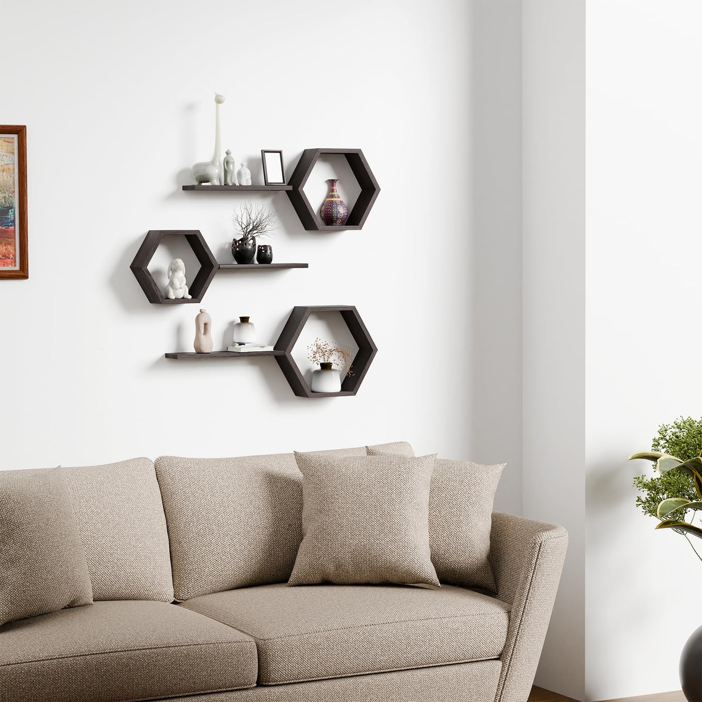Decovate Hexagon Floating Shelves Set of 6 Honeycomb Shelves for Wall, Wooden Hexagon Shelves for Farmhouse Storage (Rustic Brown)
