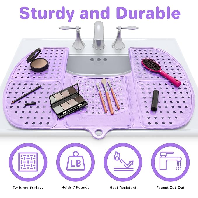 Sink Topper Bathroom Counter Cover & Storage Saver, Foldable Silicone Mat for Hot Tools, Hair Styling & Makeup, Beauty Brush Cleaning Mat, RV Camper Sink Cover & for Small Spaces (Large - Lavender)
