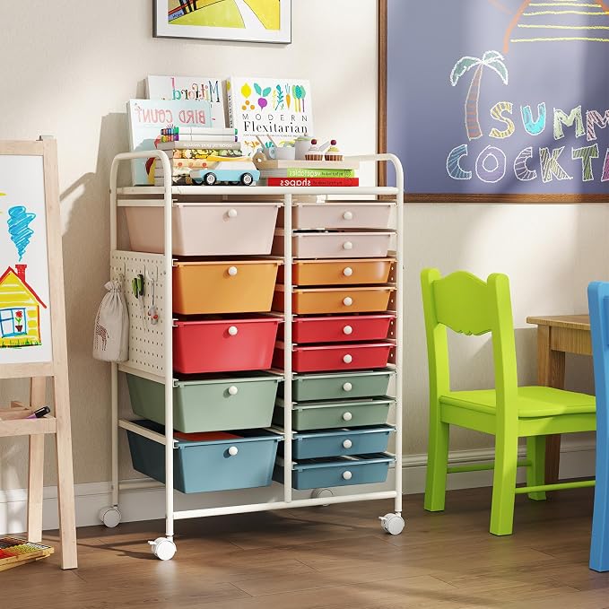 Giantex 15 Drawer Storage Cart, Rolling Craft Cart with Metal Tabletop & Pegboard, Mobile Utility Organizer Trolley with Locking Wheels, Home Office, Macaron Multicolor