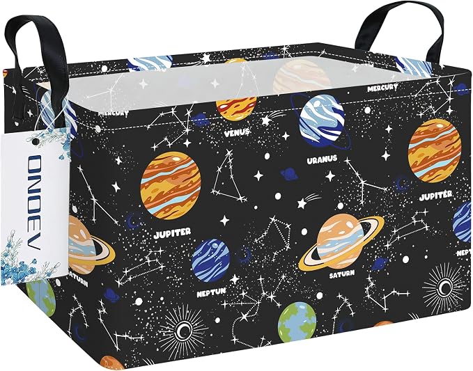 Rectangular Space Planet Pattern Storage Bin, Decorative Canvas Laundry Basket with Dual Handles, Foldable Household Toy Organizer, Multipurpose Party Gift Basket for Bedroom Dorm