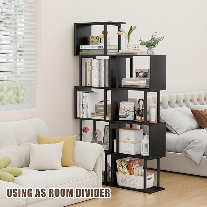 Gadroad 4-Tier Bookshelf, Narrow S-Shaped Geometric Bookcase, Wood Decorative Storage Shelving, Modern Freestanding Display Shelves, Book Shelf Unit for Living Room Bedroom Home Office, Black