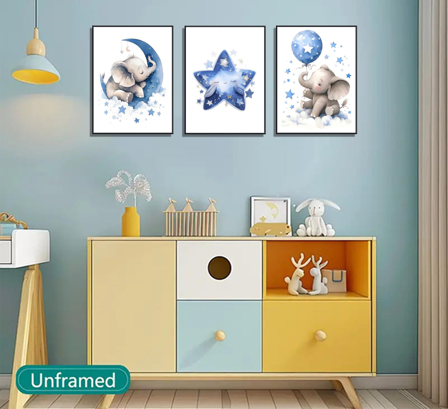3Pcs Blue Nursery Elephant Canvas Wall Art Baby Boy Wall Decor Cute Animal Painting Pictures Moon And Stars Balloon Poster Prints for Nursery Classroom Kids Room Bedroom Home Decoration 12X16unframed