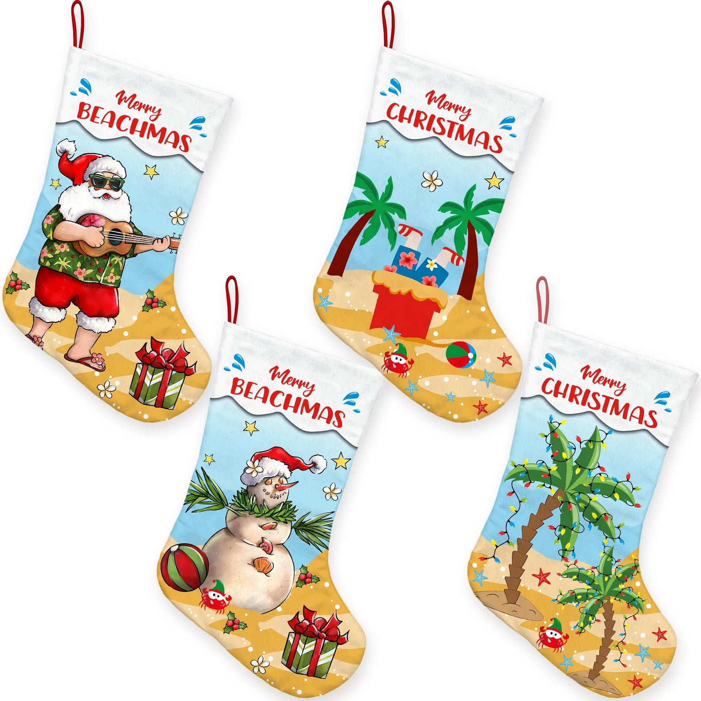 Yarcooly 4 Pack Coastal Christmas Stockings mele Kalikimaka Large Xmas Stocking kit Winter Seasonal Bag Tree Fireplace Decor Beach Christmas Stockings for Home Party Decorations