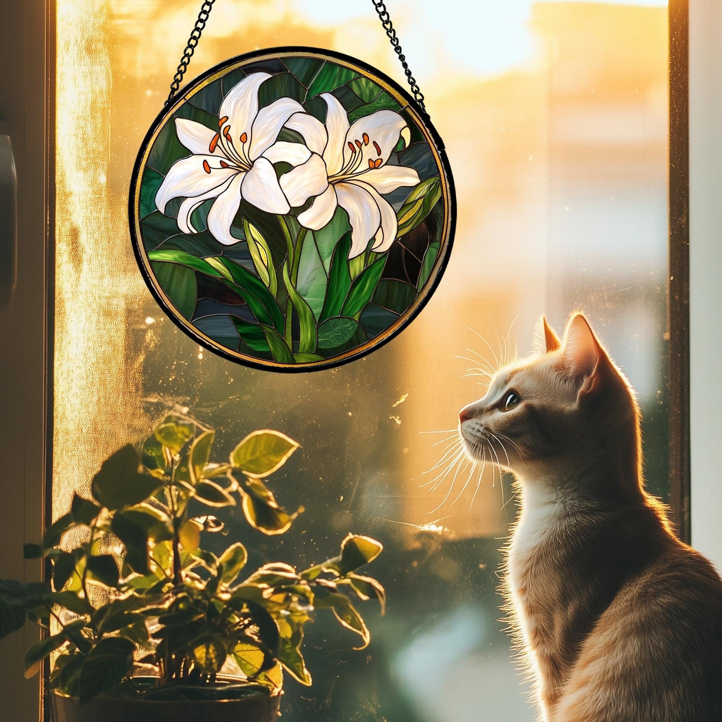 CRISGIF Stained Glass Window Hanging, White Lily Suncatcher for Door Garden Patio Birth Flower Green Plant Sun Catchers Decor Christmas Mother's Day Birthday Gifts for Women Mom Nana Friend 9.8 in