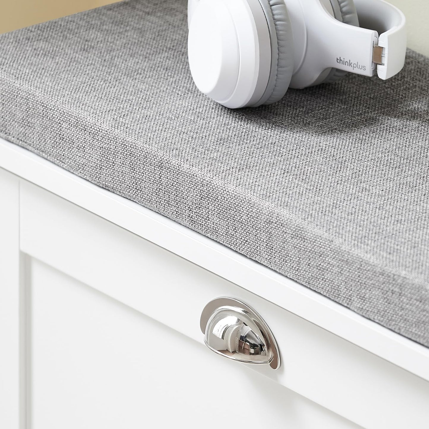 Haotian Small Shoe Storage Bench with Cushion, White Narrow Shoe Rack for Entryway, Small Shoe Cabinet with 2 Tiers Flip-Drawer, FSR195-K-W