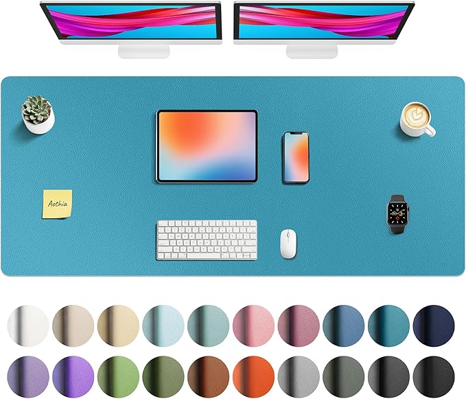 Aothia Faux Leather Desk Mat - Non-Slip PU Leather Desk Blotter, Waterproof Writing Surface, Large Desk Pad for Office & Home (Turquoise, 55" x 24")