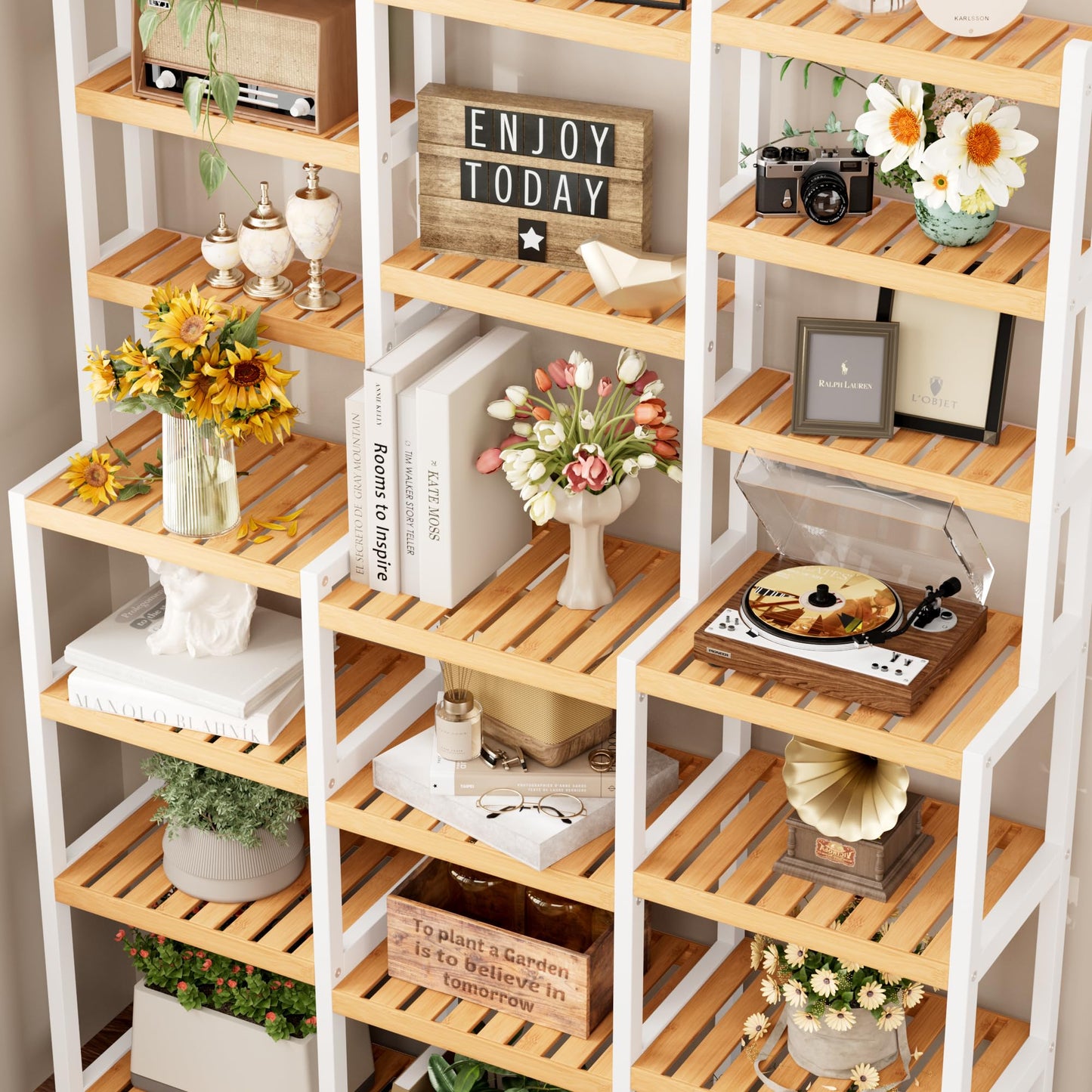 FOTOSOK Bamboo Shelf, 7 Tier Plant Stand Indoor, 3 Row Ladder Shelf, Bookshelf and Bookcase, Corner Display Stand with Adjustable, Flower Stand for Living Room Balcony Kitchen, White and Natural