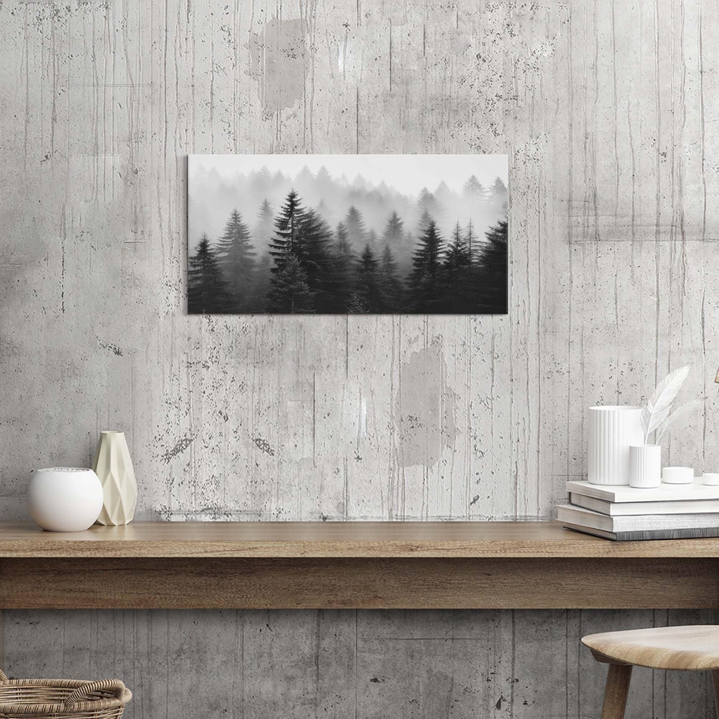 WALLSUP DECOR Misty Forest Canvas Wall Art: Black and White Pine Tree Picture Foggy Mountain Painting Modern Nature Landscape Artwork Prints for Bedroom Living Room Home Office