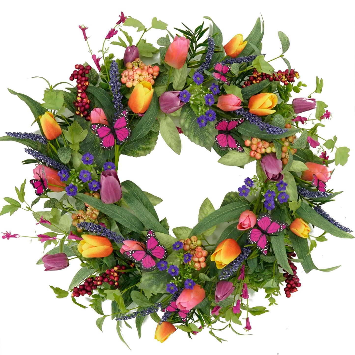 WreathDream 22 inch Spring Summer Wreath Tulip Wreath for Front Door with Purple Tassels, Eucalyptus Leaves, Ferns, Butterflies for Indoor Outdoor wall Festival Home Farmhouse Wedding Decor