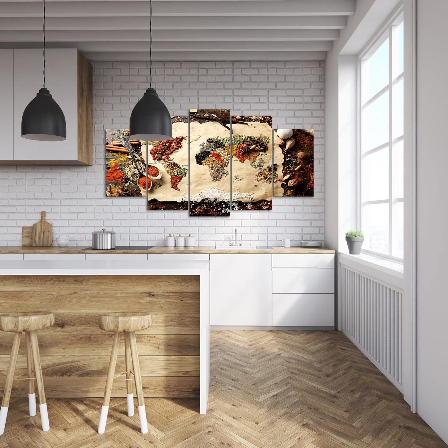 Large 5 Panel Map of World Made from Spices on Wooden Canvas Art Wall Art Kitchen Pictures Modern Wall Decor Gallery Canvas Wraps Giclee Print Stretched and Framed Ready to Hang 60''Wx32''H (Large)