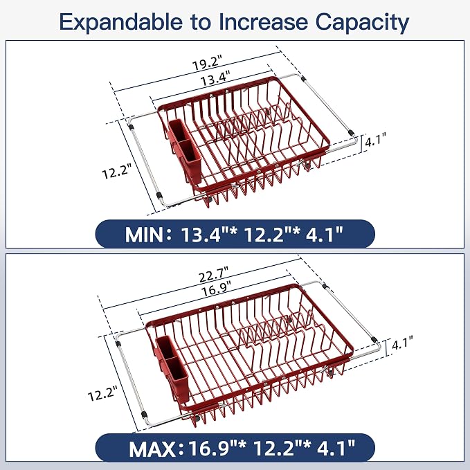 JASIWAY Red Expandable Stainless Steel Dish Drying Rack Over The Sink for Small Kitchen, Counter Space Saving Compact Plate Drainer Strainer, Adjustable Hanging Metal Dish Dryer with Utensil Holder