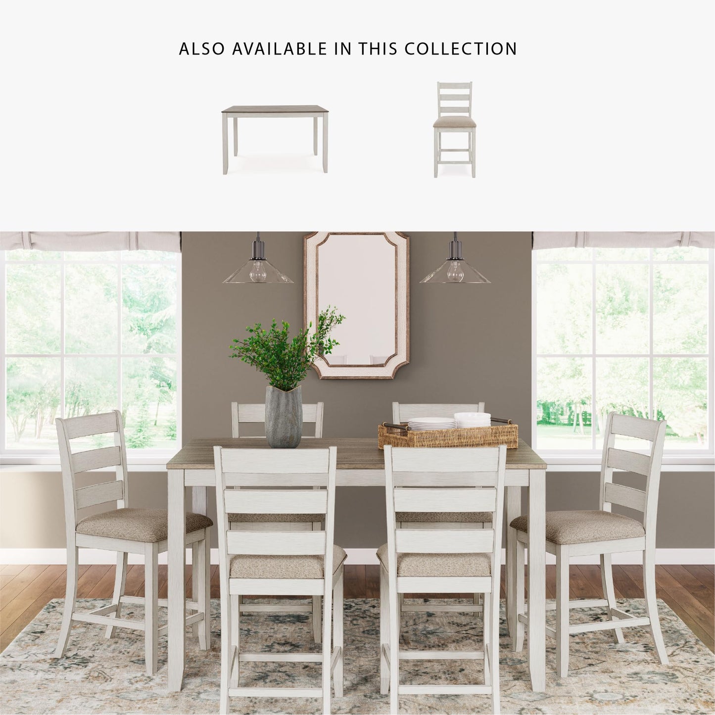 Signature Design by Ashley Skempton Modern Farmhouse Counter Height Dining Table and Upholstered Bar Stools, Set of 7, White & Light Brown