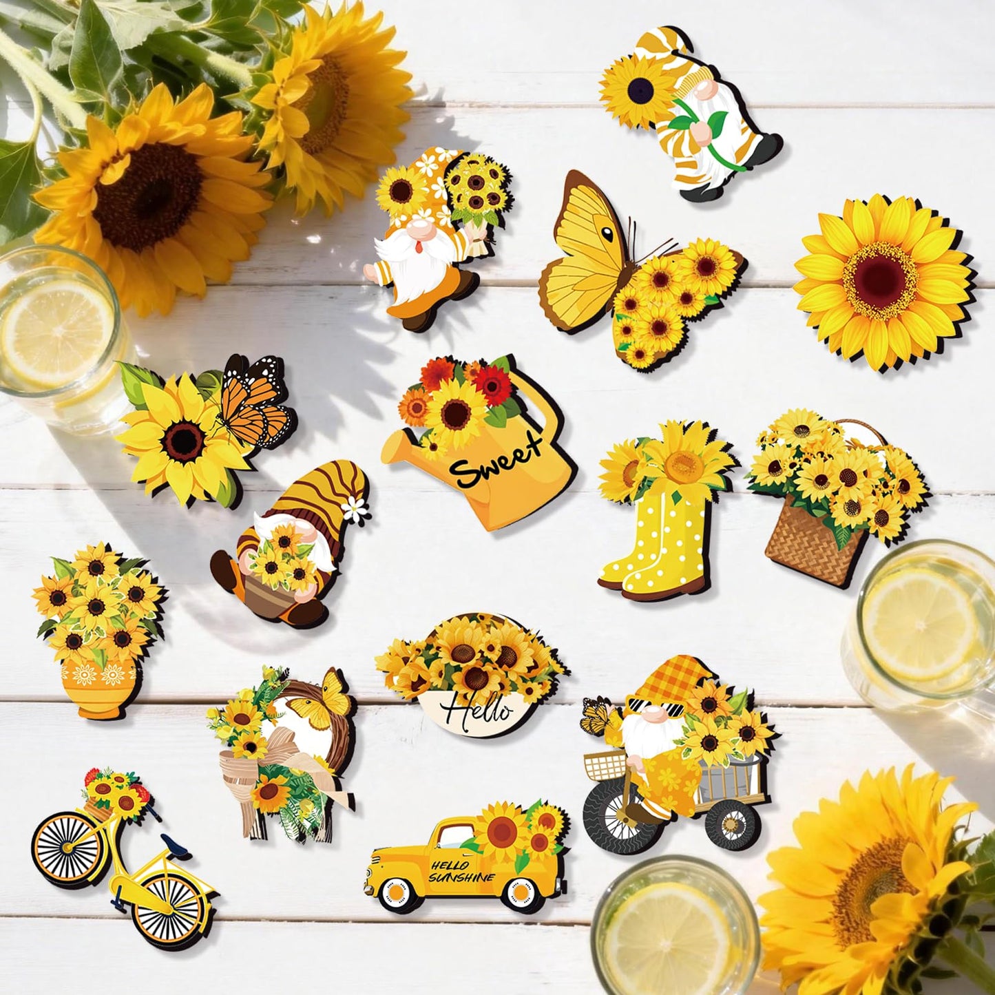 AFWHGM Sunflower Summer Wooden Ornaments Set - 30 Pcs Sunflower Tree Ornaments Garden Gnome & Flower Decor for Tree, Spring to Summer Home and Party Decorations