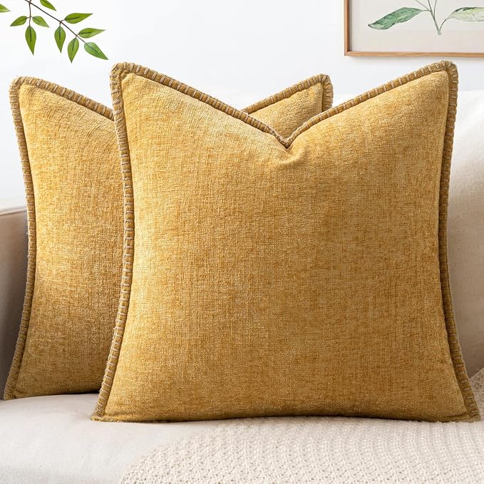 MIULEE Pack of 2 Summer Couch Throw Pillow Covers 20x20 Inch Gold Mustard Yellow Farmhouse Decorative Pillow Covers with Stitched Edge Soft Chenille Solid Dyed Pillow Covers for Sofa Bed Living Room