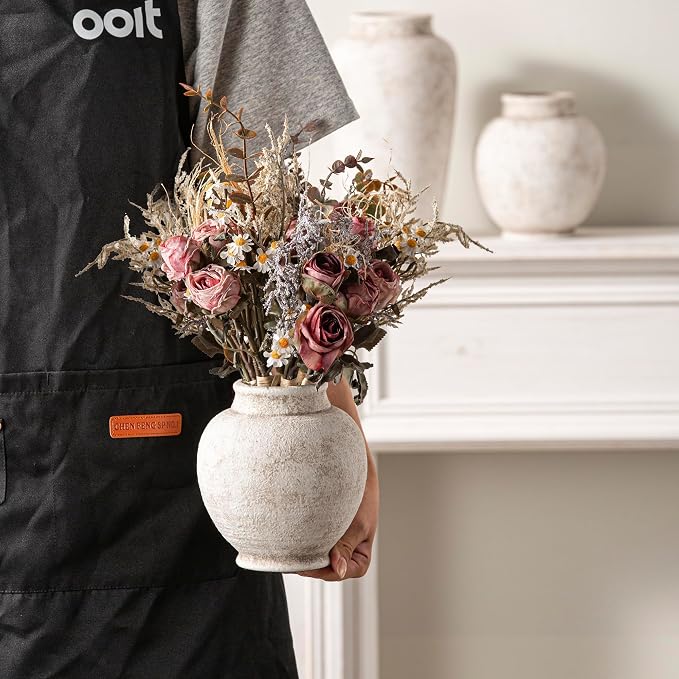 Ceramic Rustic Vase, Small Flower Farmhouse Vase Decorative Vase Short Pottery Vases for Home Decor Table Living Room Entryway Mantel Bookshelf Bedroom Bathroom Kitchen - 6" D