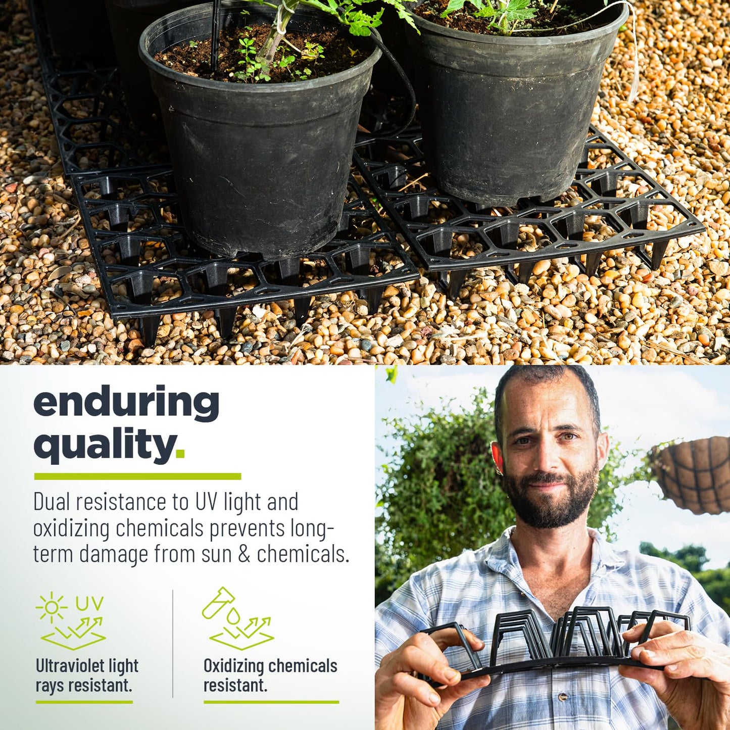 Cannrise Plant Riser – Modular Pot Spacer for Grow Bags, Planters & Containers – UV-Resistant Drainage Tray for Airflow, Root Health & Cleaner Surfaces (Standard Black W/ 50 clips, 5 Pack)