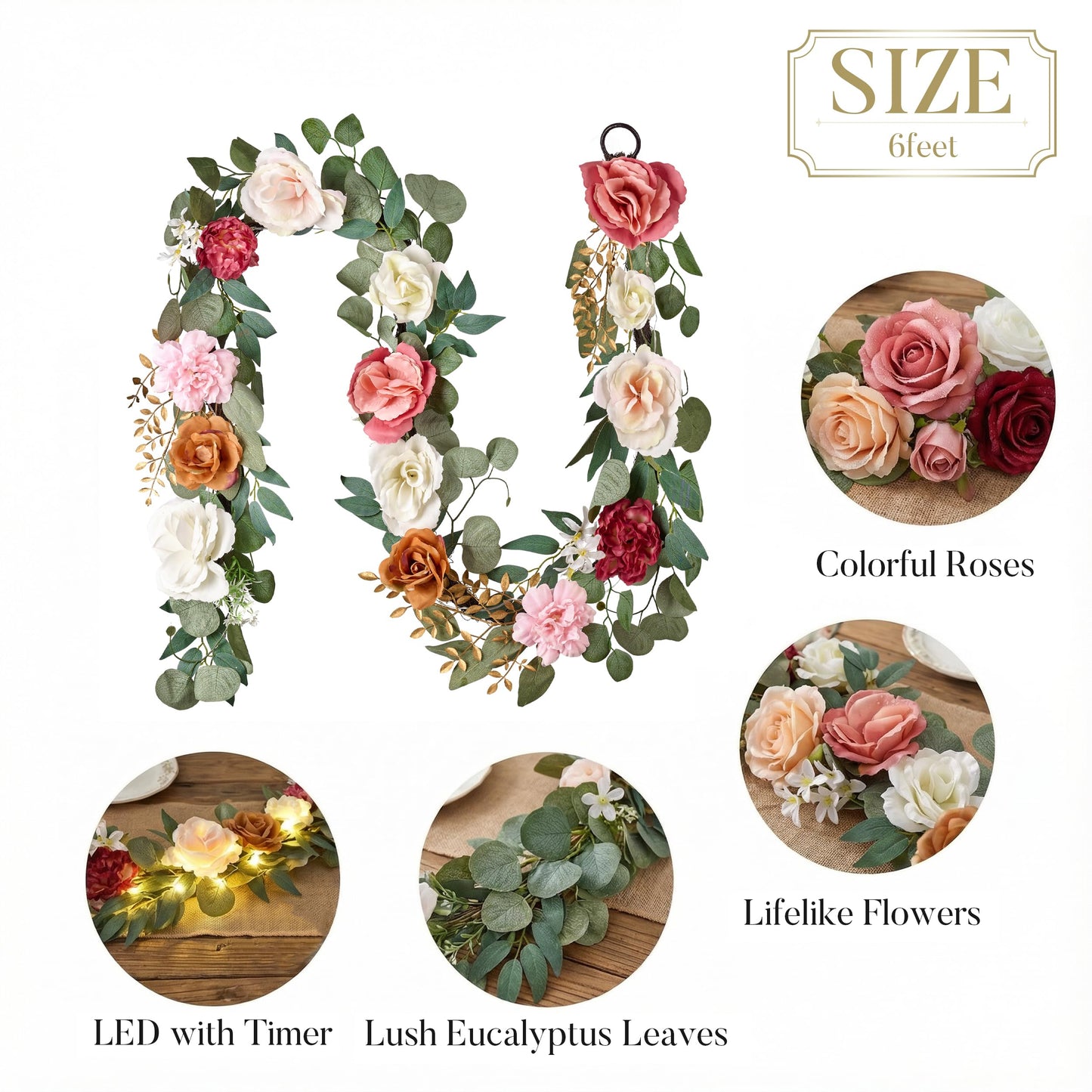 Valery Madelyn Pre-Lit Spring Flower Garland for Mantle with Lights, 6 feet Fake Roses Artificial Floral Vines Hanging Garland Decorations for Mothers Day Wedding Anniversary Party Table Home Decor
