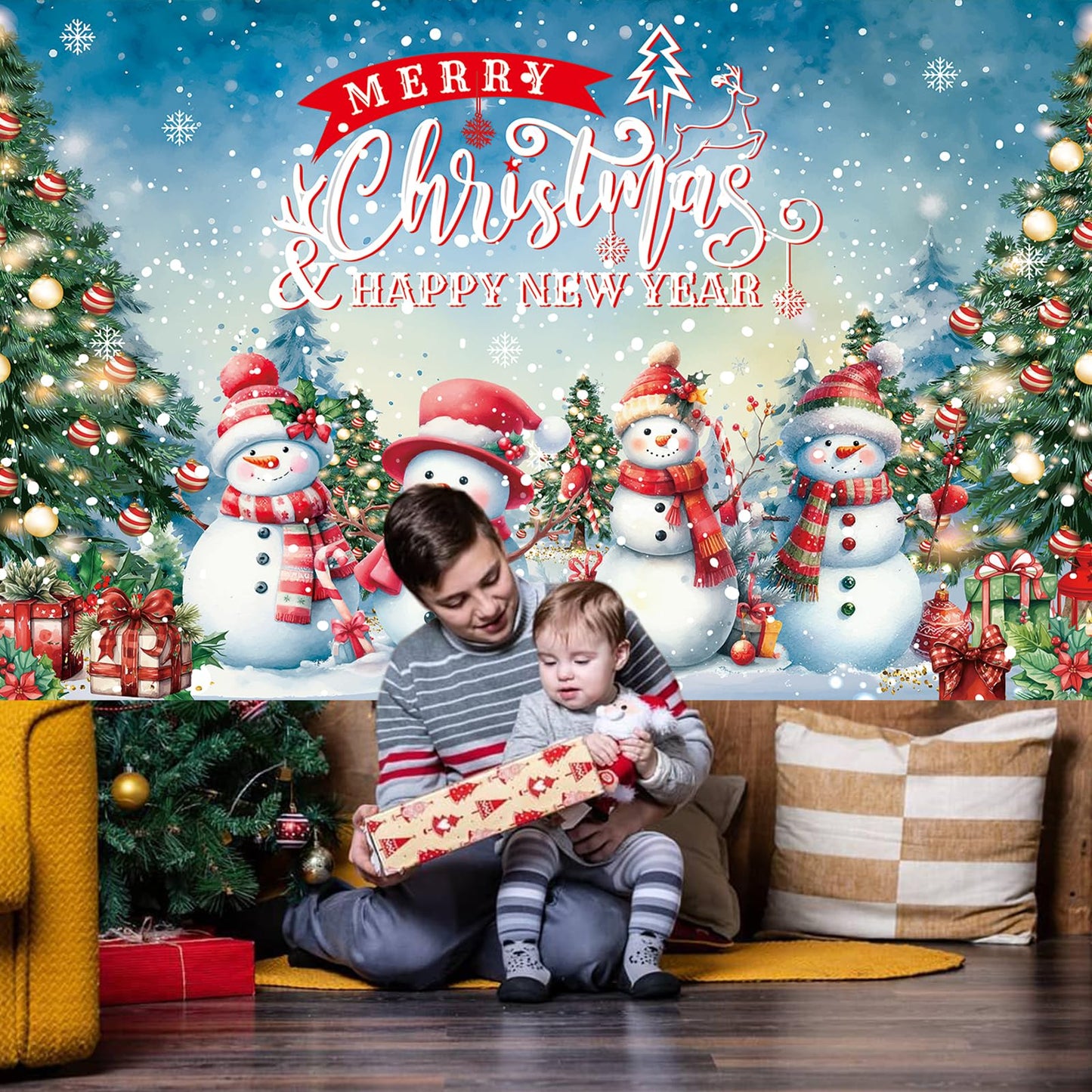 HILAVO 6x3.6ft Large Christmas Banner Backdrop, Snowman Merry Christmas Banner Indoor Xmas Photography Background Party Decoration for Xmas New Year Party Photo Booth Wall Hanging Decor